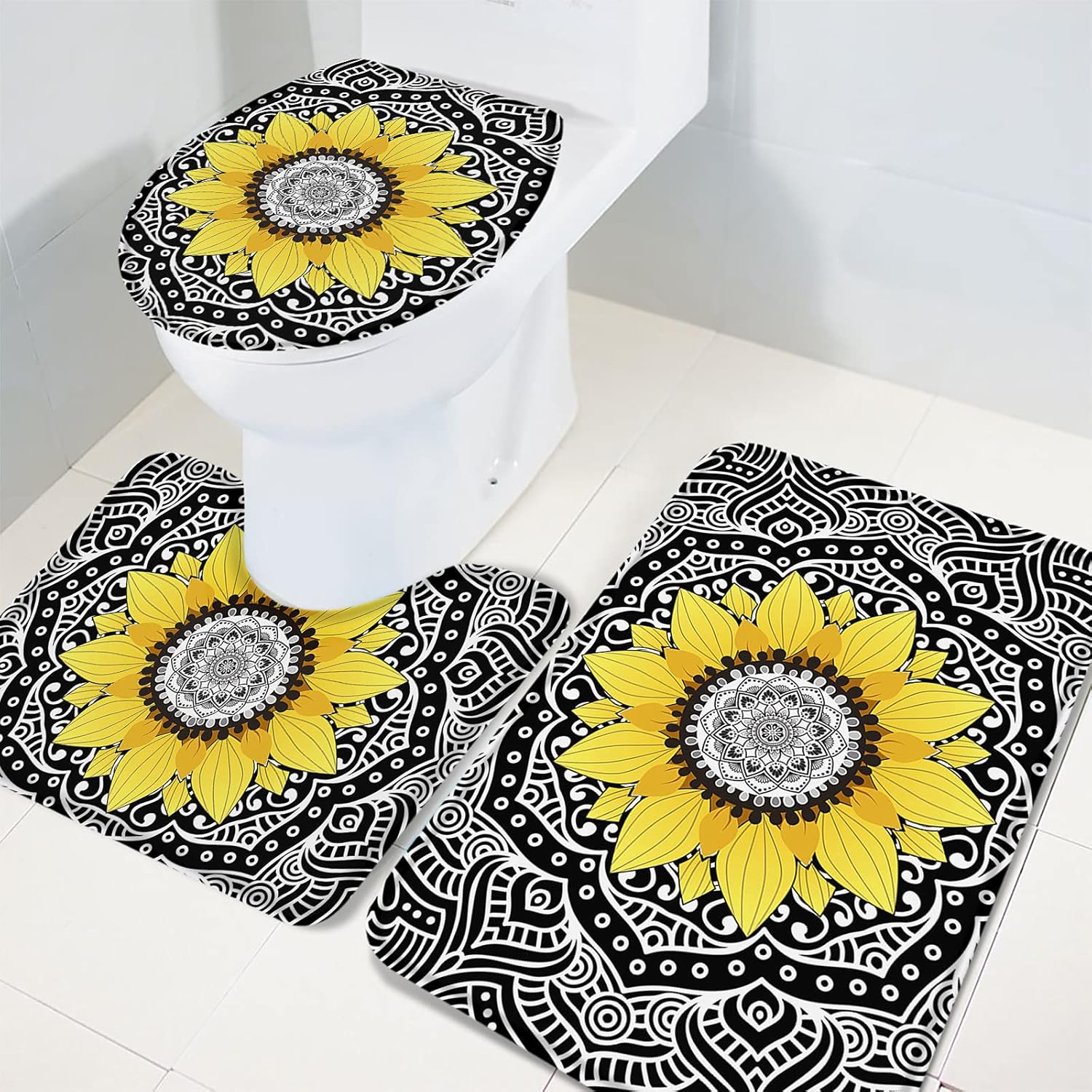 YESOF66 3 Piece Bathroom Rugs Set with Mandala Sunflower Pattern Black Non-Slip Mats