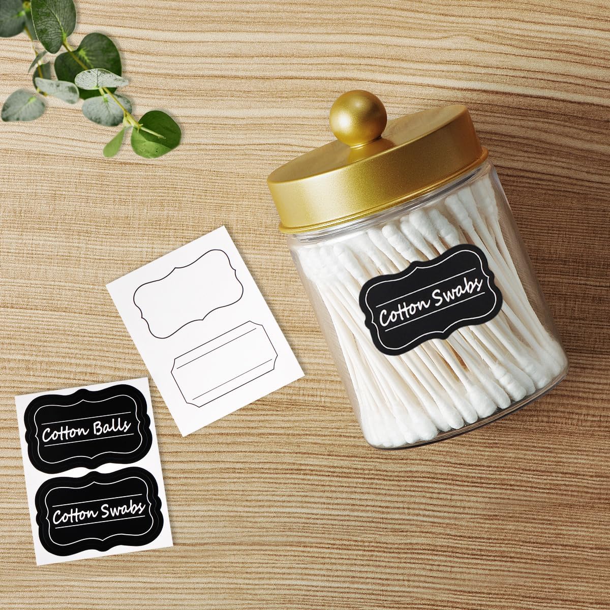 Amolliar Q-tip Holder Dispenser - 8oz Plastic Apothecary Jar Set for Bathroom Storage
