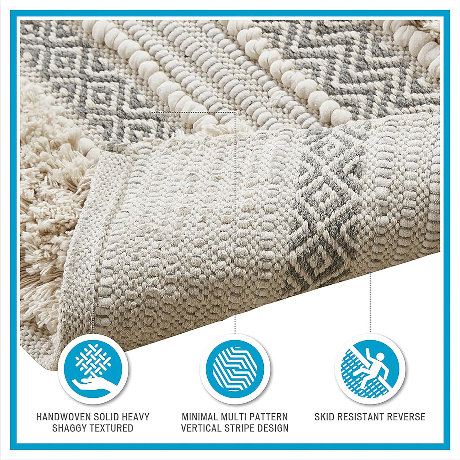 INKIVY Asher Bath Rug 20x32 Grey Shaggy Striped