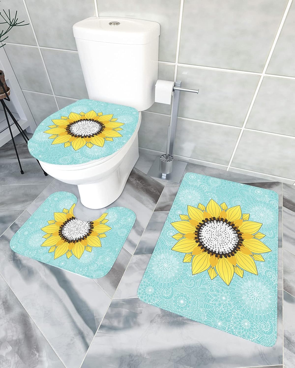 3 Piece Bathroom Rug Set with Mandala Sunflower Pattern