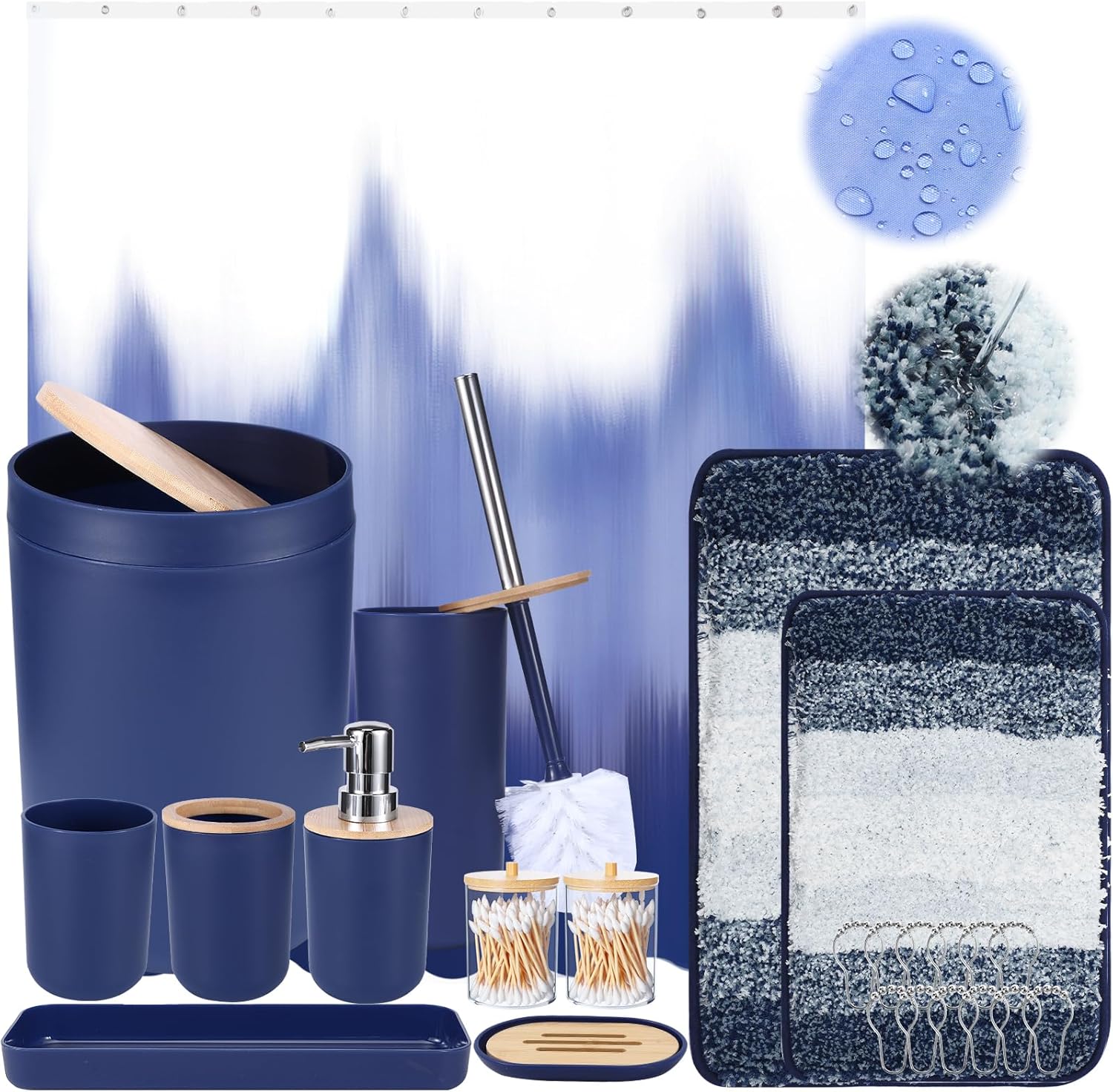 iMucci Navy Blue Bathroom Set with Shower Curtain and Rug 1