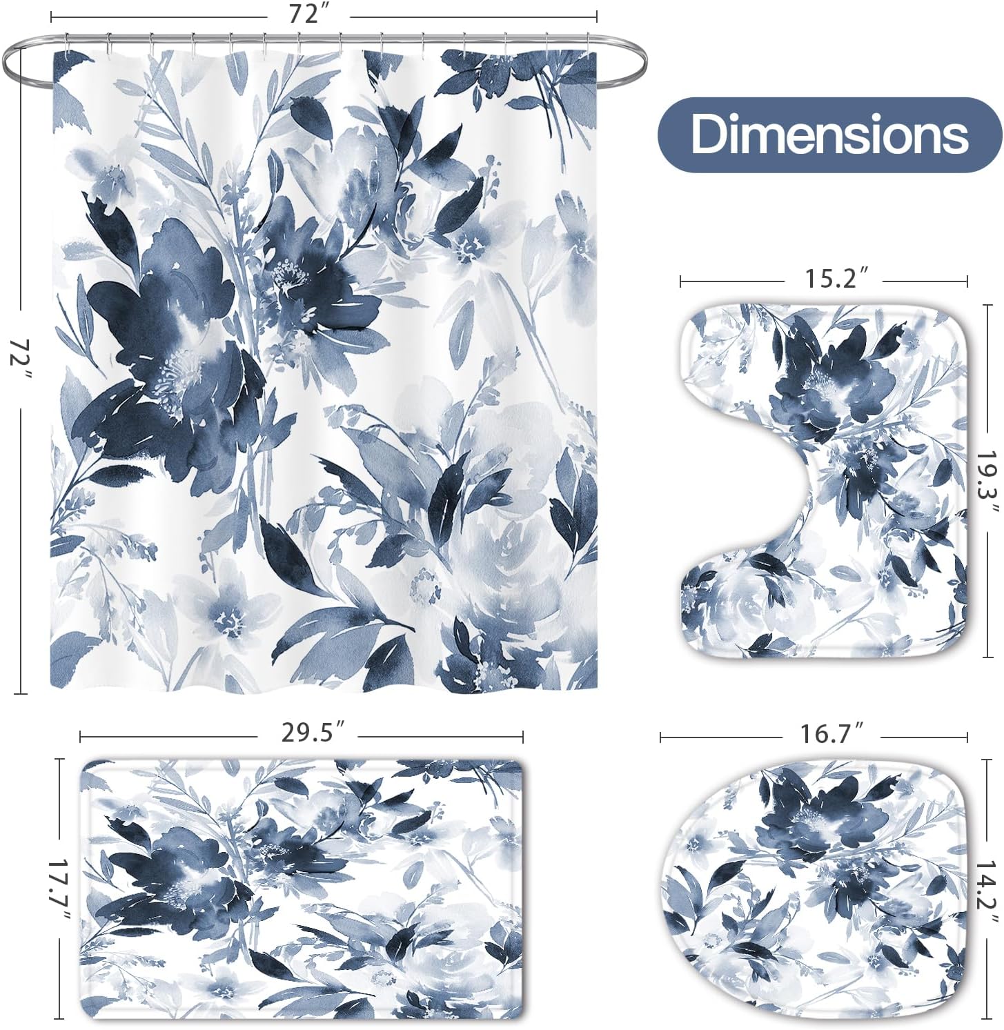 Litabel 4 Pcs Navy Floral Shower Curtain Set with Rug and Bath Mat