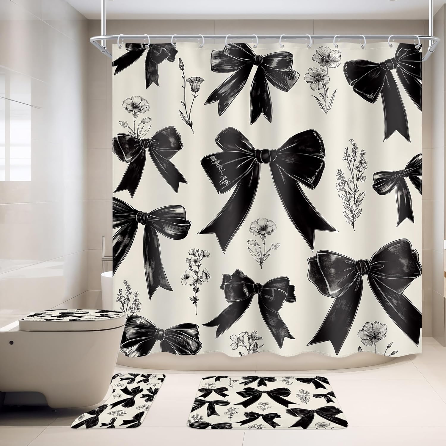 Ufeela 4 PCS Black Bow Shower Curtain Set
