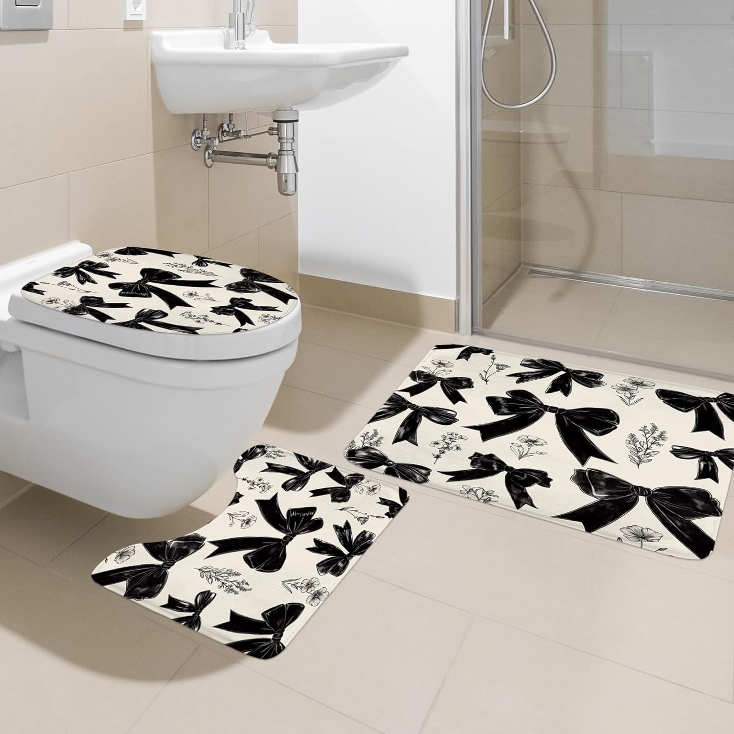 Ufeela 4 PCS Black Bow Shower Curtain Set