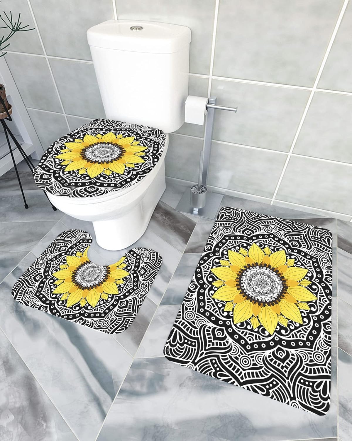 YESOF66 3 Piece Bathroom Rugs Set with Mandala Sunflower Pattern Black Non-Slip Mats