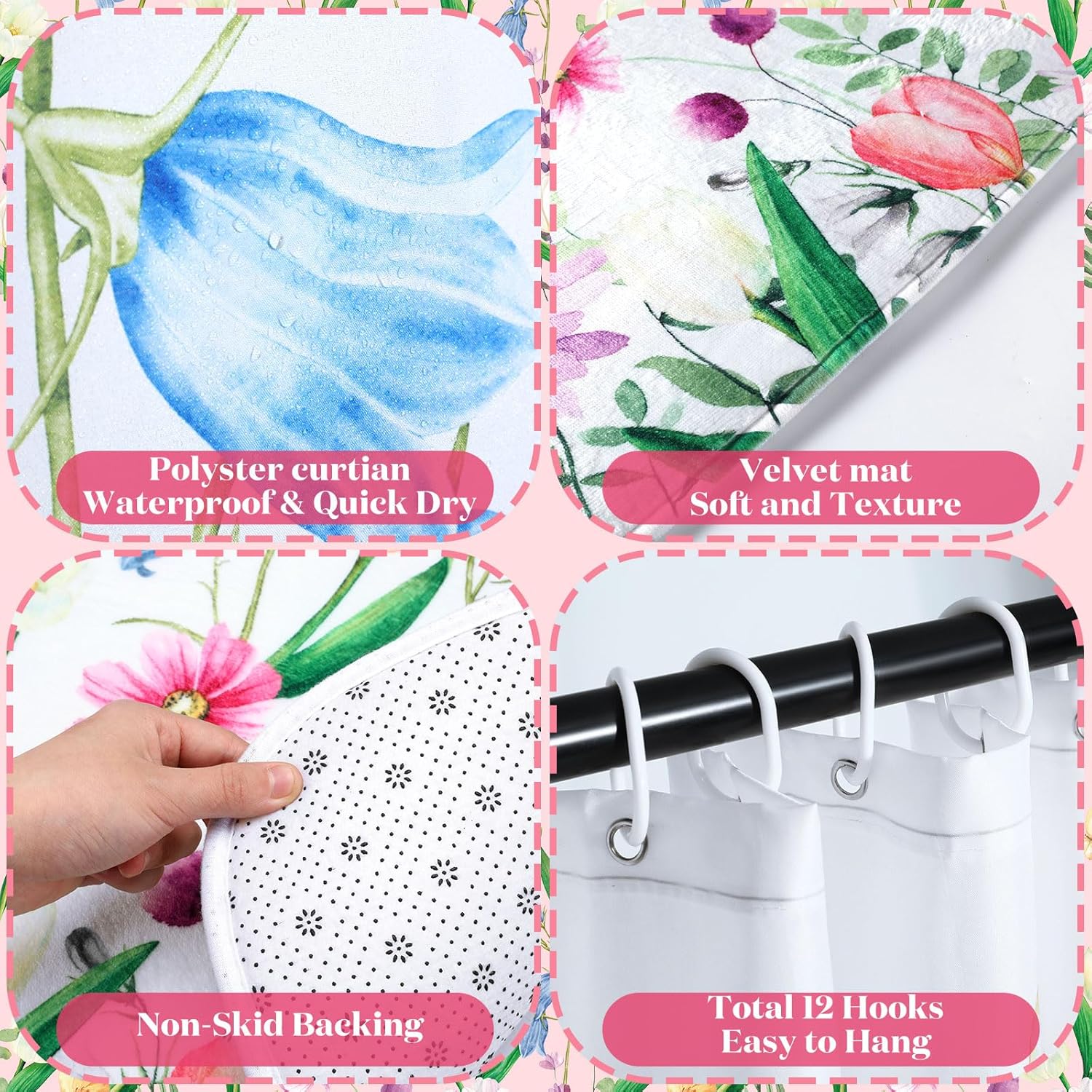 Newwiee 7 Pcs Flower Bathroom Set with Mats and Towels