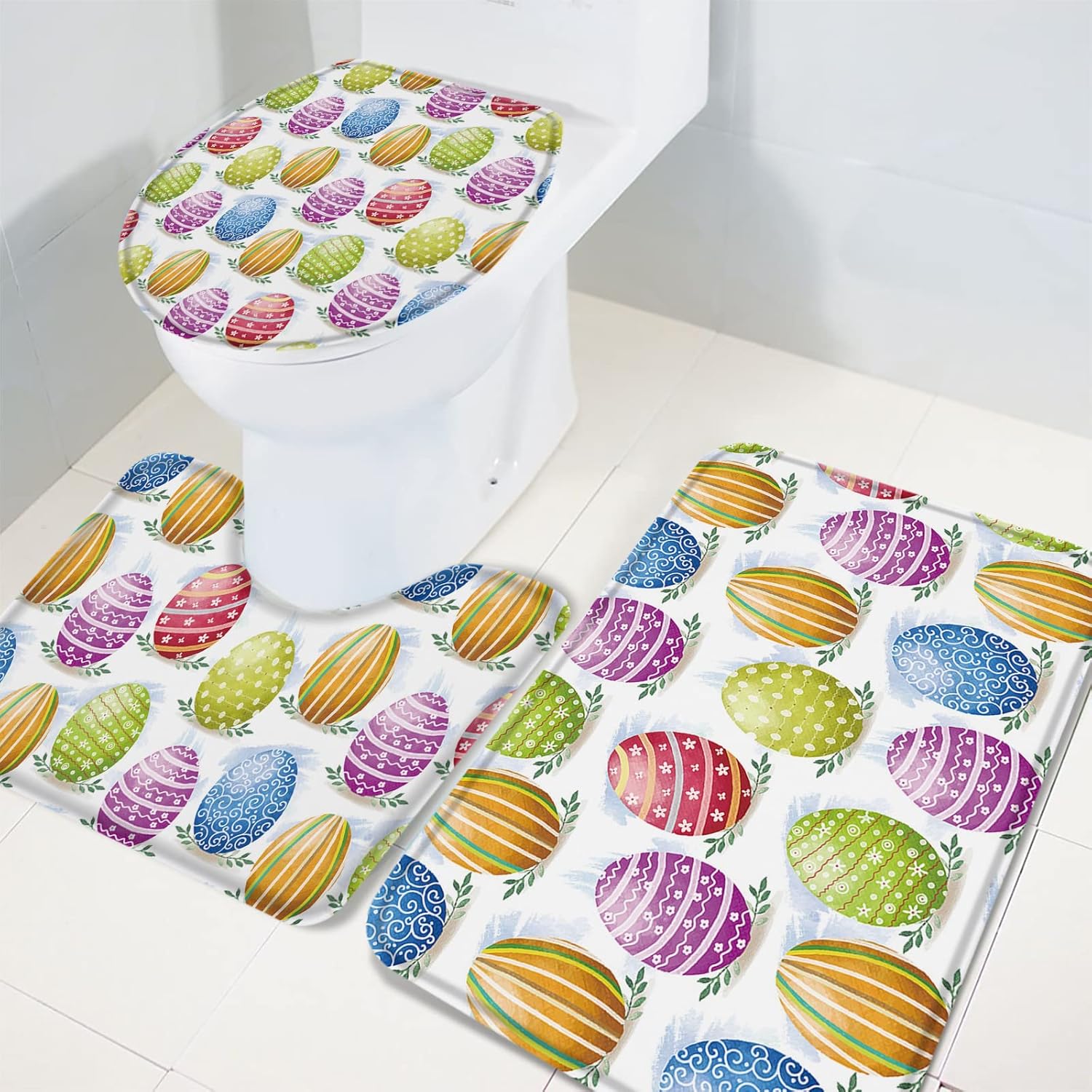 YESOF66 3 Piece Bathroom Rug Set Easter Theme Watercolor Eggs Pattern