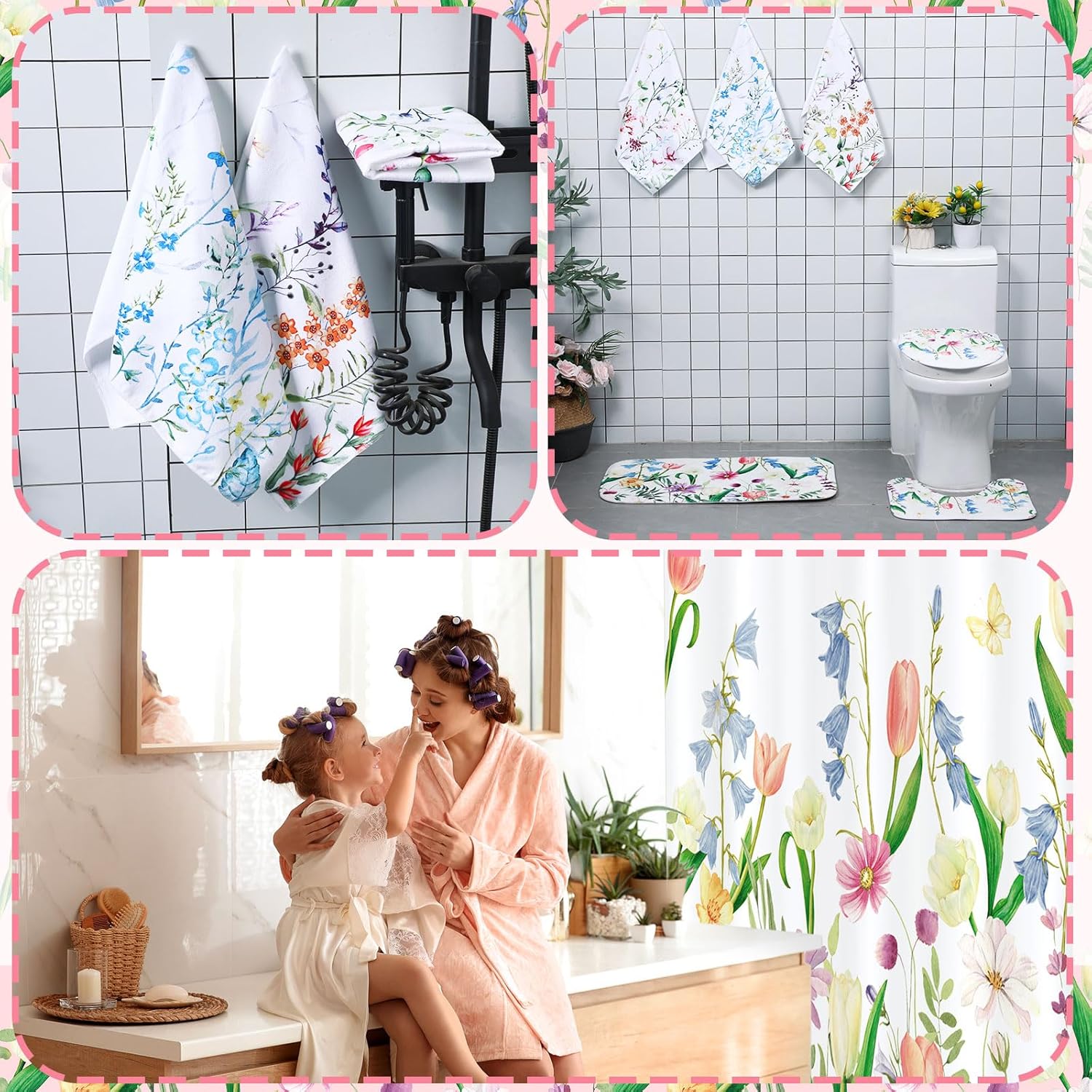 Newwiee 7 Pcs Flower Bathroom Set with Mats and Towels