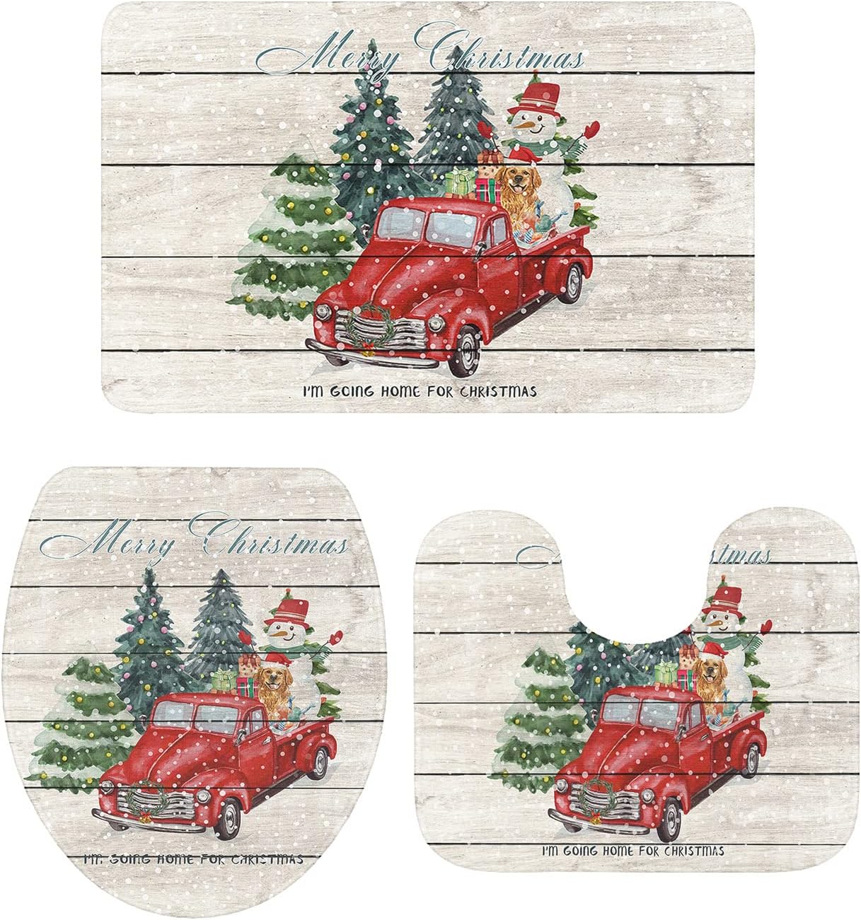 YESOF66 3 Piece Bathroom Rug Set with Non-Slip U Shaped Mat Snowman Golden Retriever Toilet Cover