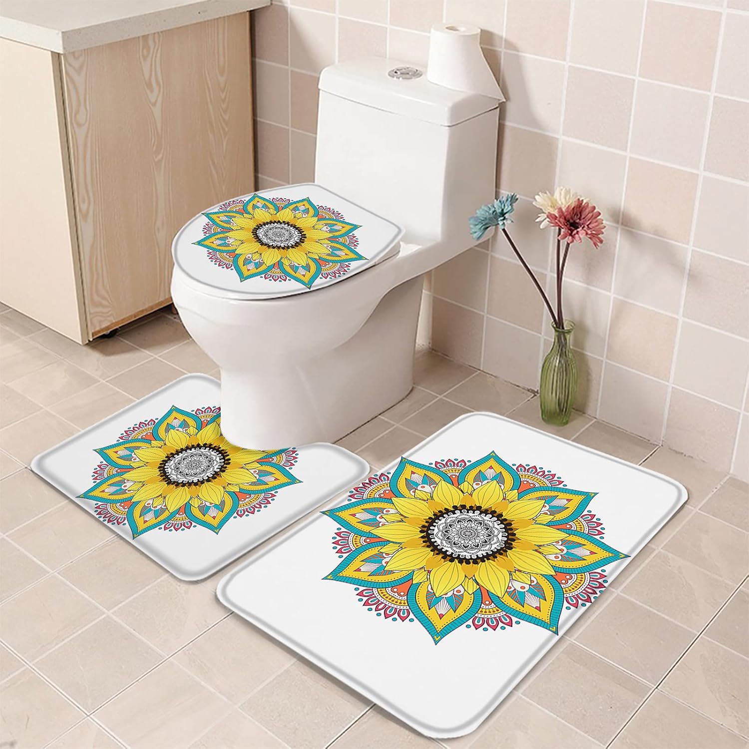 YESOF66 3 Piece Bathroom Rugs Set with Non-Slip Mandala Sunflower Pattern