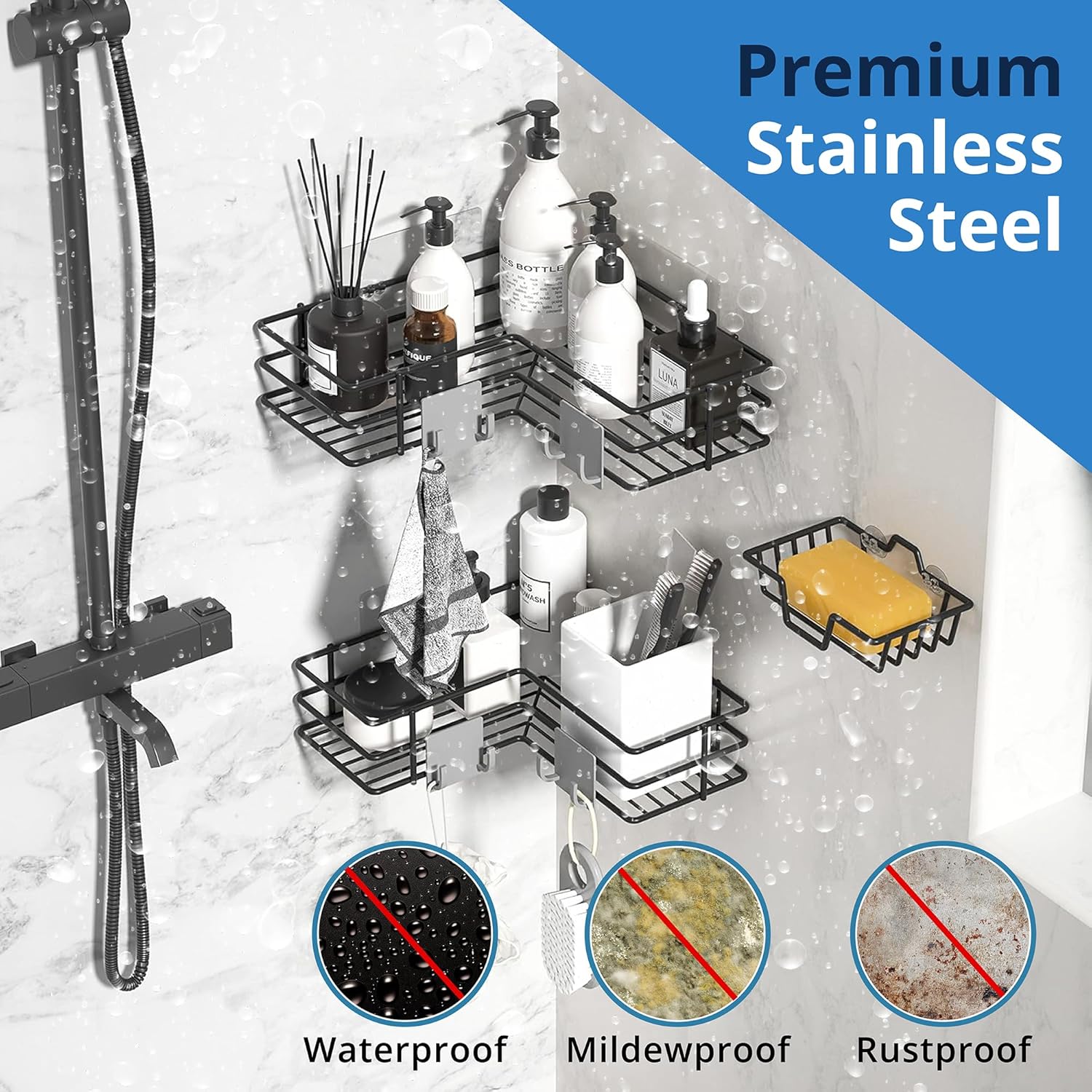 Innoshopp Corner Shower Caddy 3 Pack with 4 Hooks and Soap Holder
