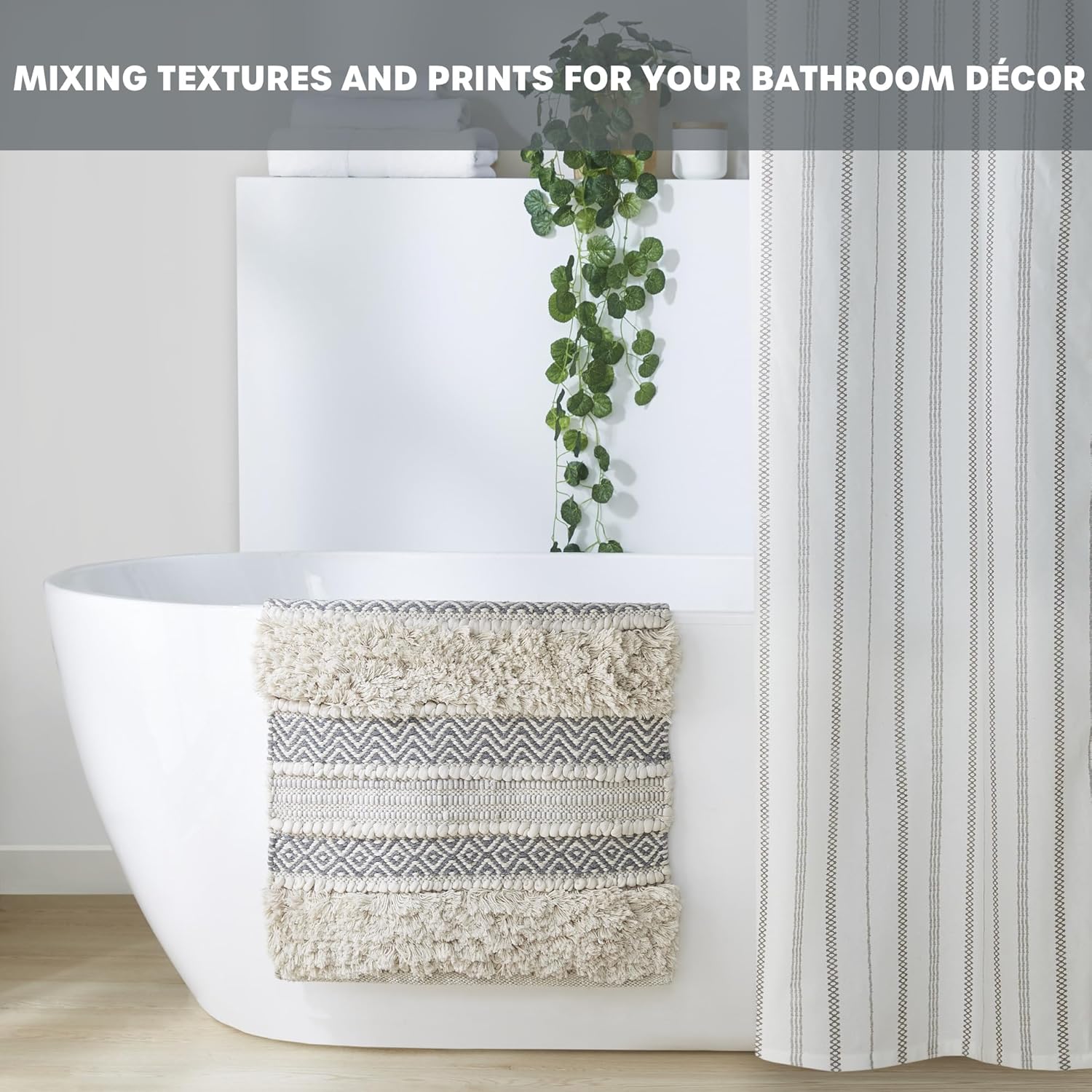 INKIVY Asher Bath Rug 20x32 Grey Shaggy Striped