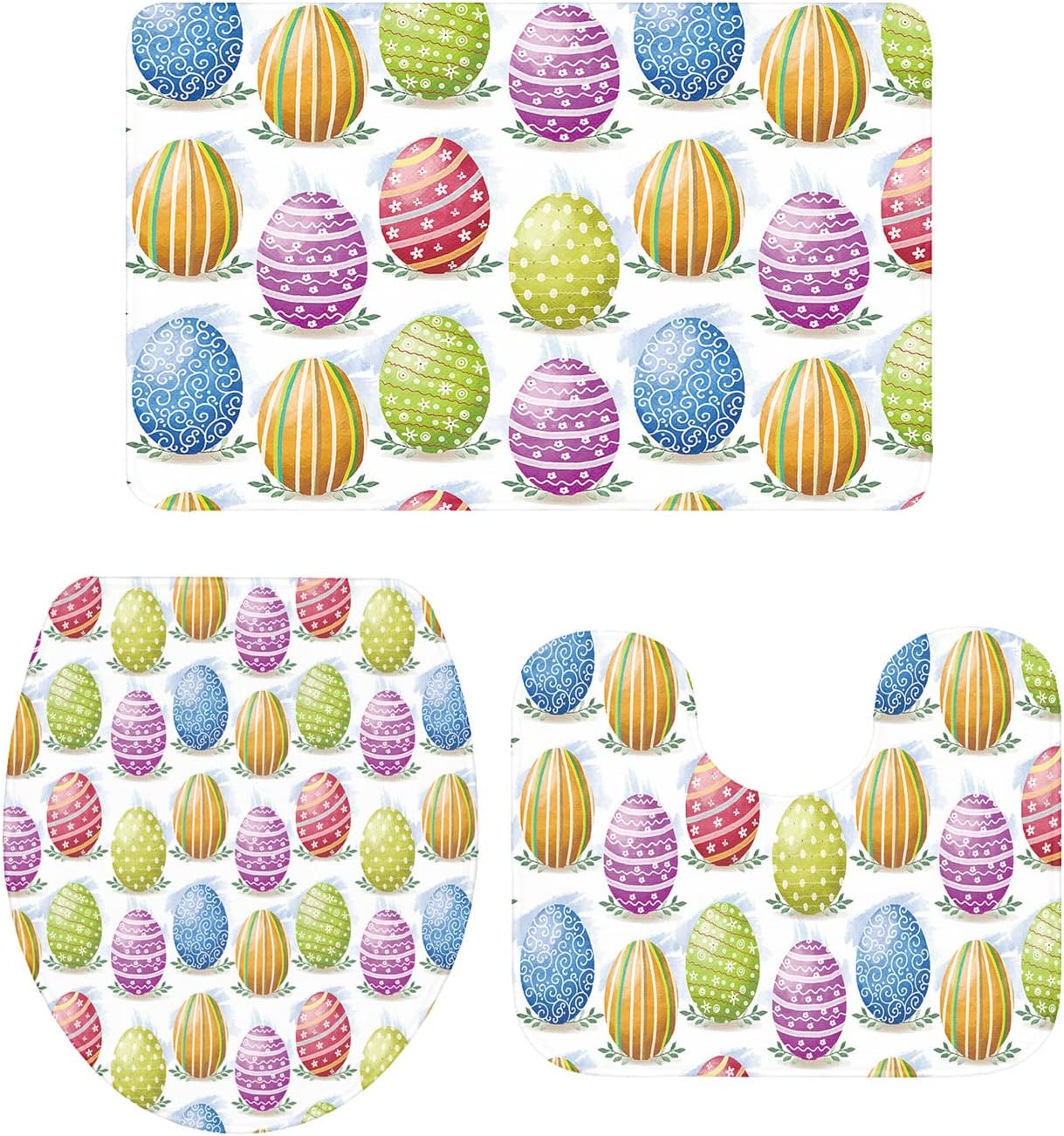 YESOF66 3 Piece Bathroom Rug Set Easter Theme Watercolor Eggs Pattern