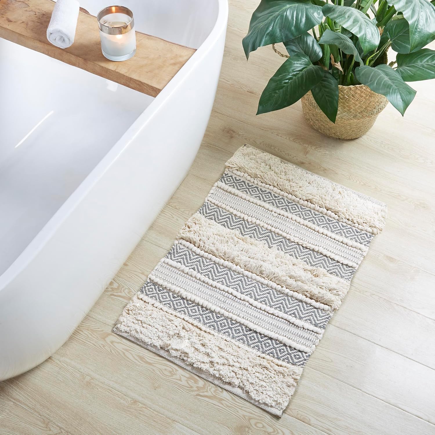 INKIVY Asher Bath Rug 20x32 Grey Shaggy Striped
