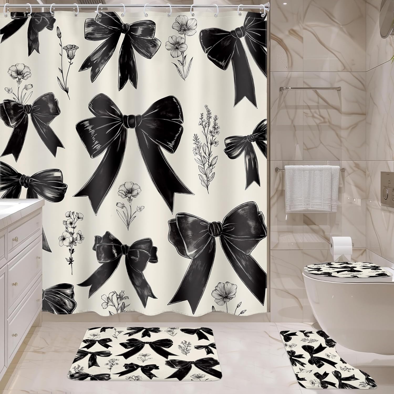 Ufeela 4 PCS Black Bow Shower Curtain Set