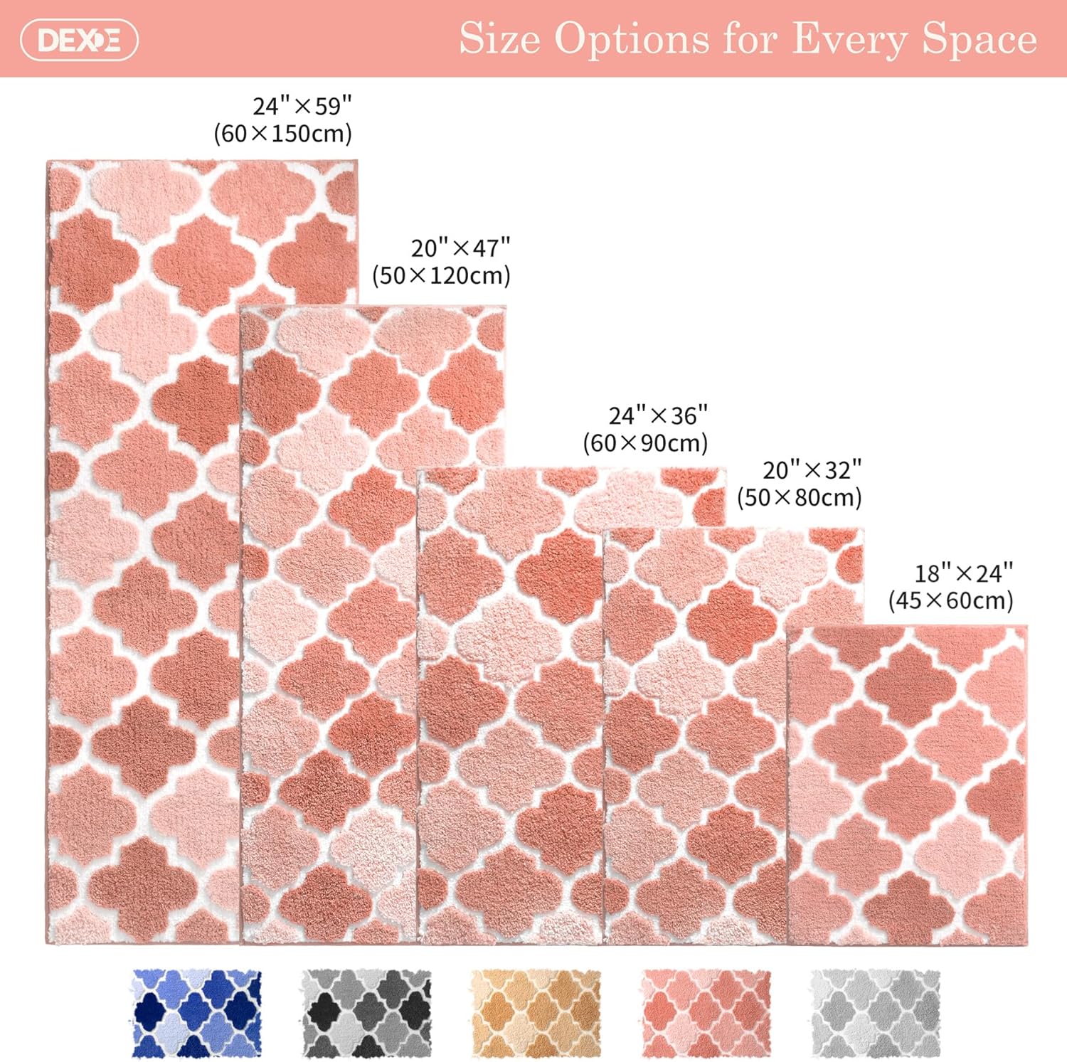 DEXDE Non-Slip Bath Mat 17 x 24 Pink Microfiber Rug