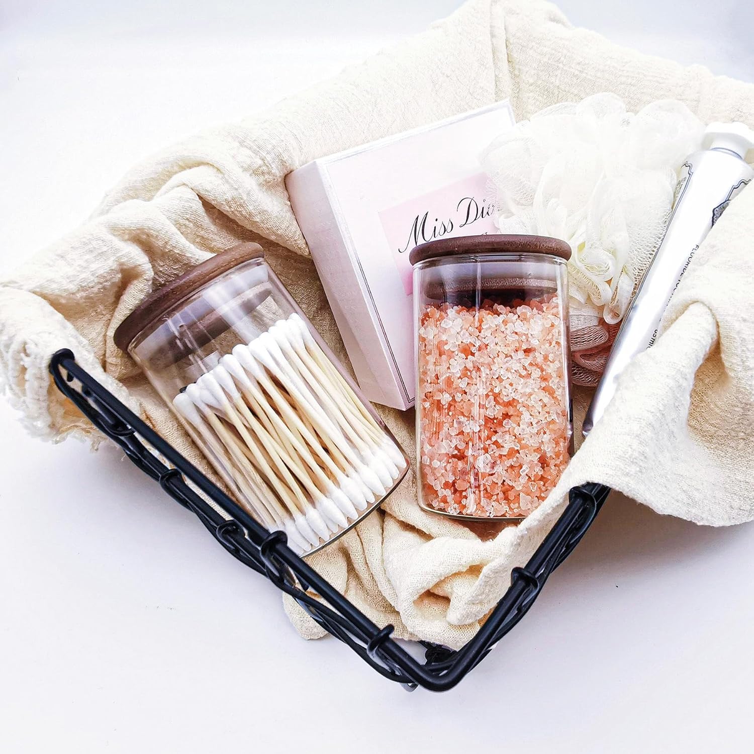 ZYIGYI 2 Pcs Glass Cotton Swabs Holder with Wood Lids