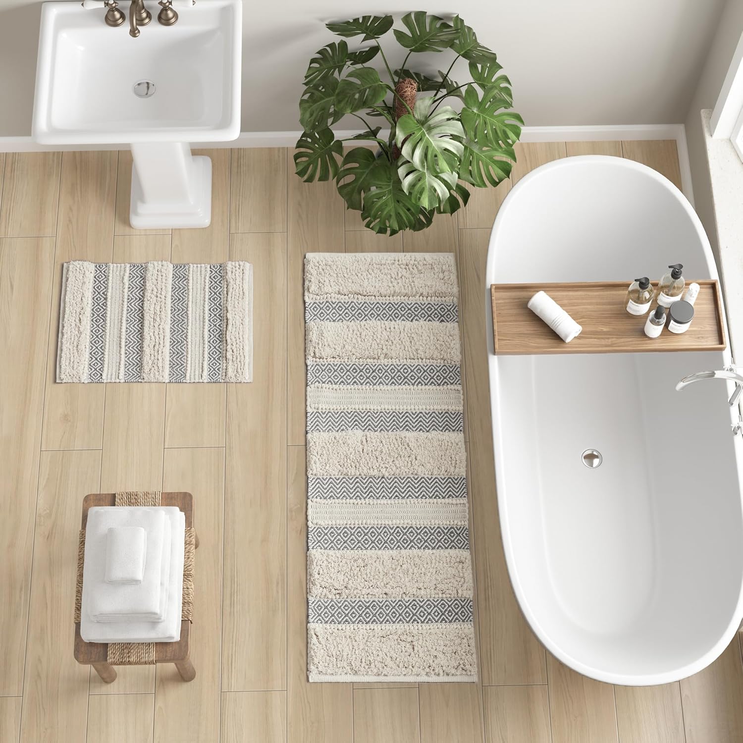INKIVY Asher Bath Rug 20x32 Grey Shaggy Striped