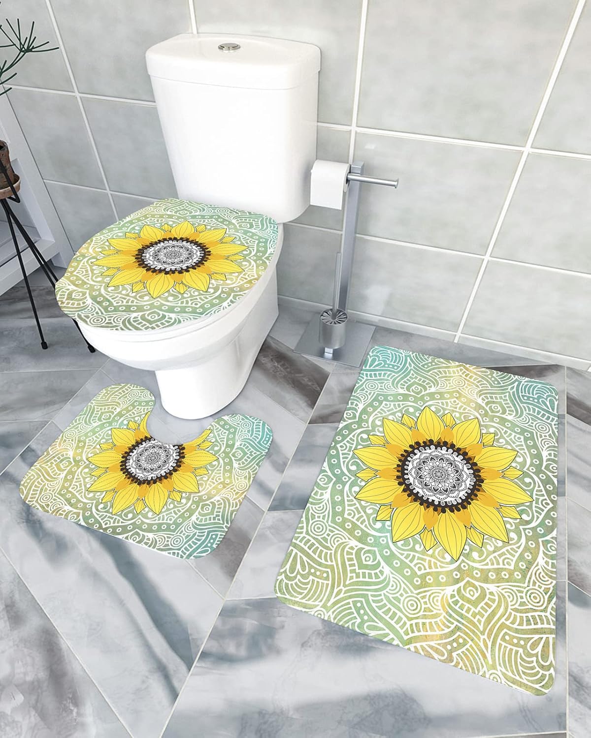 YESOF66 3 Piece Bathroom Rug Set with Mandala Sunflower Pattern Green Non-Slip Mats 1
