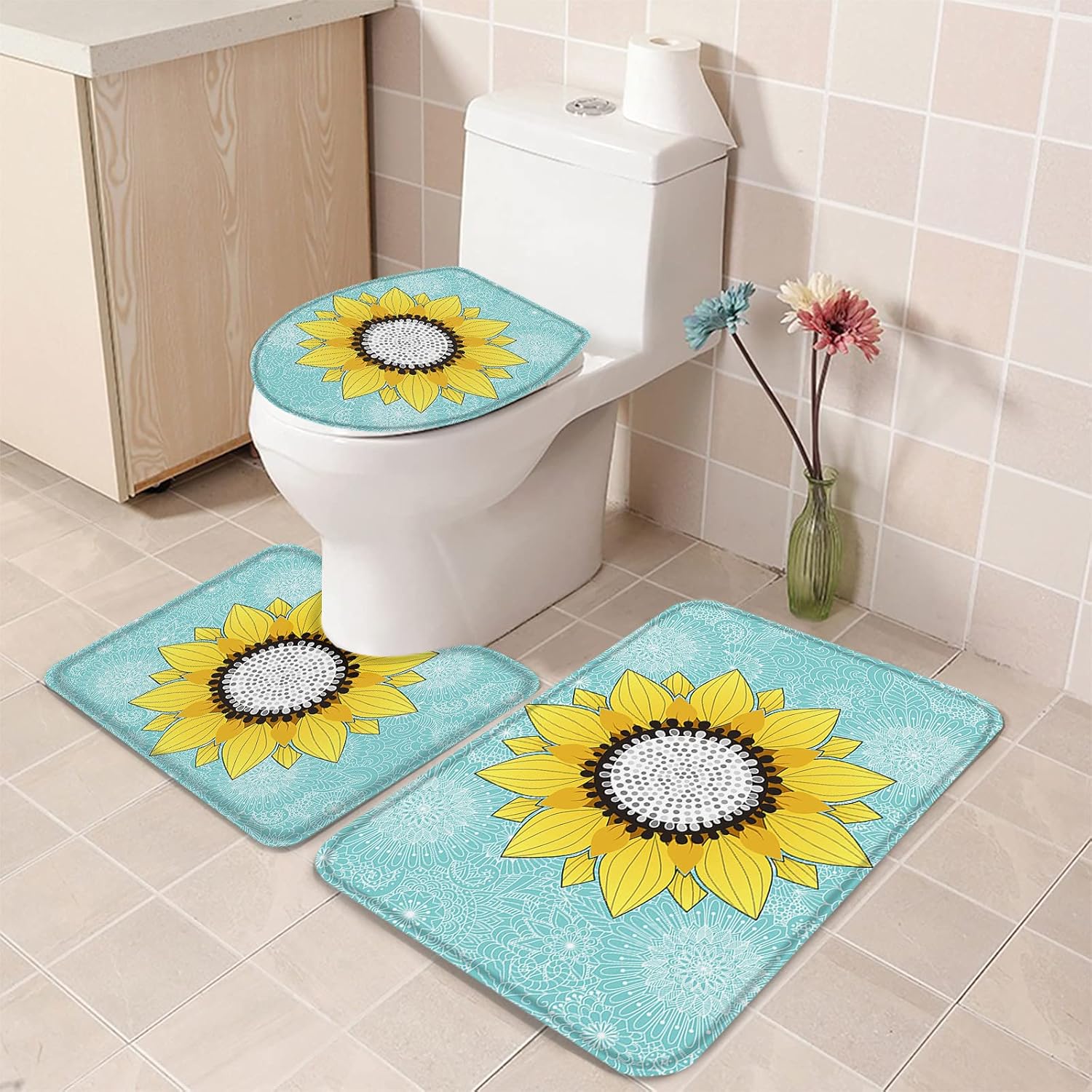 3 Piece Bathroom Rug Set with Mandala Sunflower Pattern