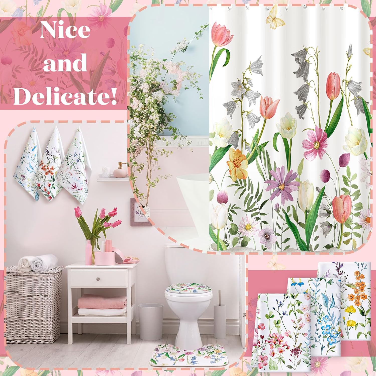 Newwiee 7 Pcs Flower Bathroom Set with Mats and Towels