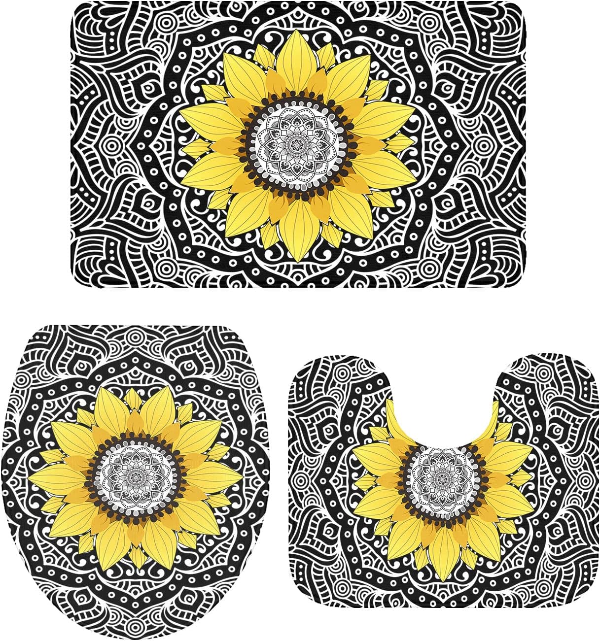 YESOF66 3 Piece Bathroom Rugs Set with Mandala Sunflower Pattern Black Non-Slip Mats