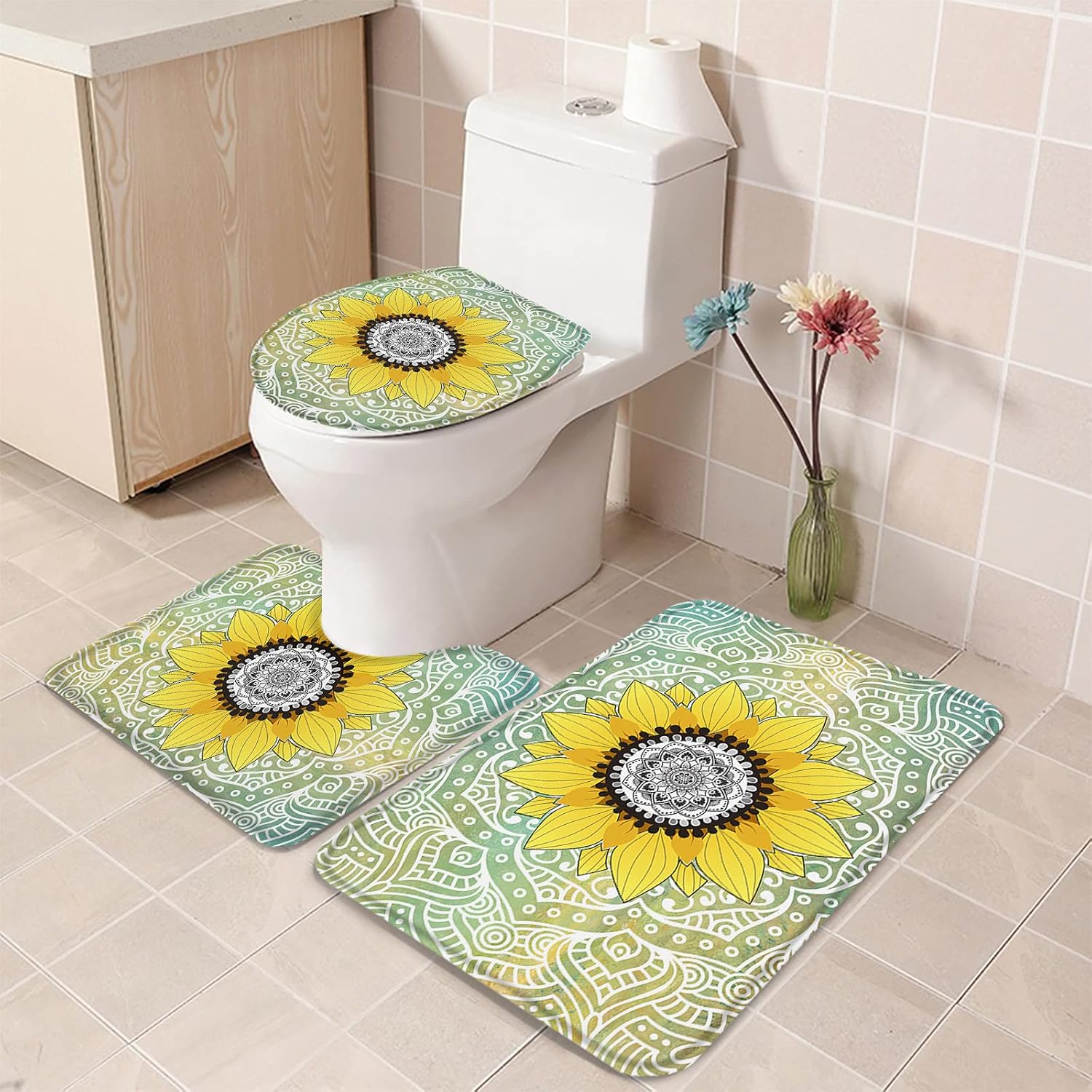 YESOF66 3 Piece Bathroom Rug Set with Mandala Sunflower Pattern Green Non-Slip Mats 1