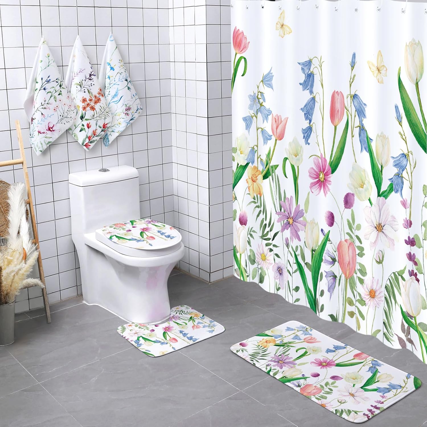 Newwiee 7 Pcs Flower Bathroom Set with Mats and Towels