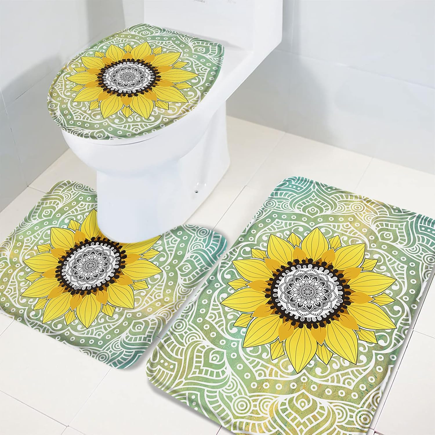YESOF66 3 Piece Bathroom Rug Set with Mandala Sunflower Pattern Green Non-Slip Mats 1