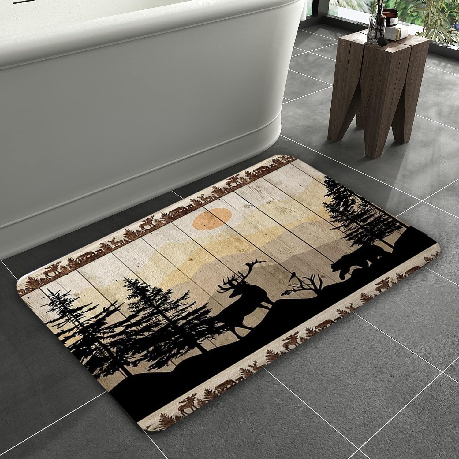 NYMB Rustic Cabin Bath Rug Set 19x31in Deer Bear Forest Print