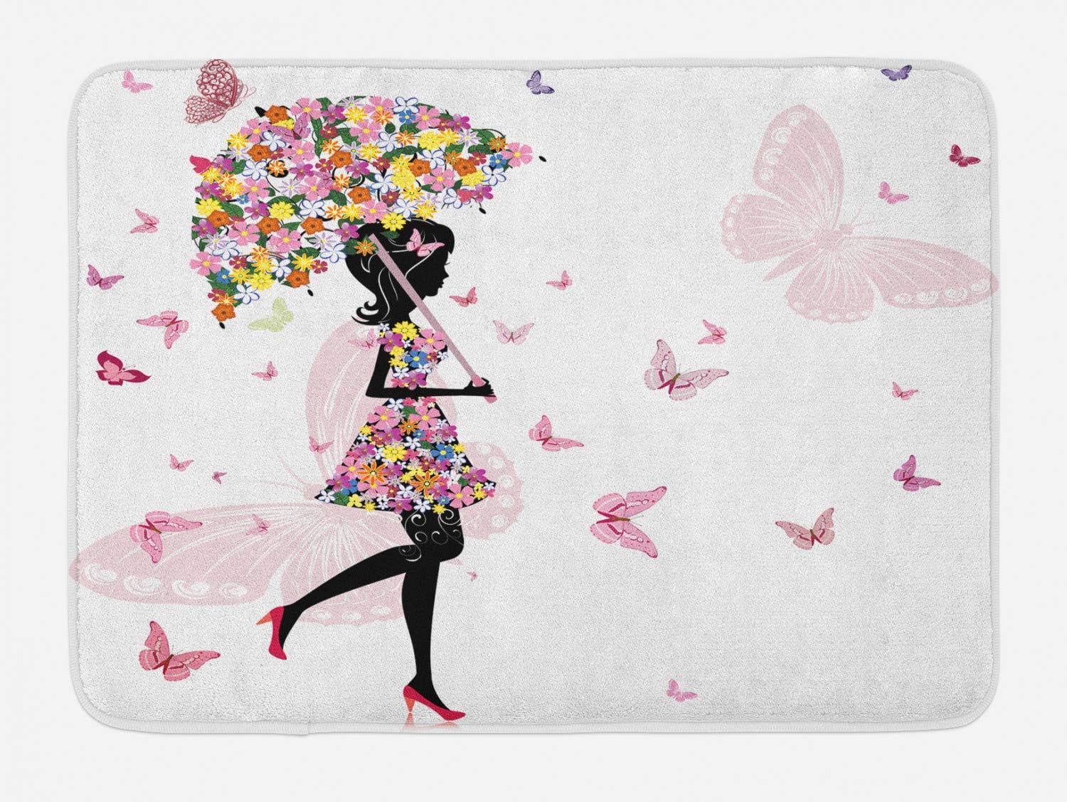 Ambesonne Feminine Bath Mat with Floral Art and Butterflies Design