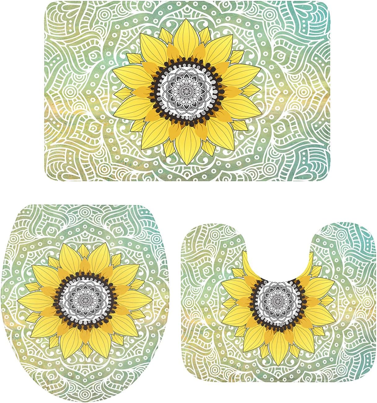 YESOF66 3 Piece Bathroom Rug Set with Mandala Sunflower Pattern Green Non-Slip Mats 1