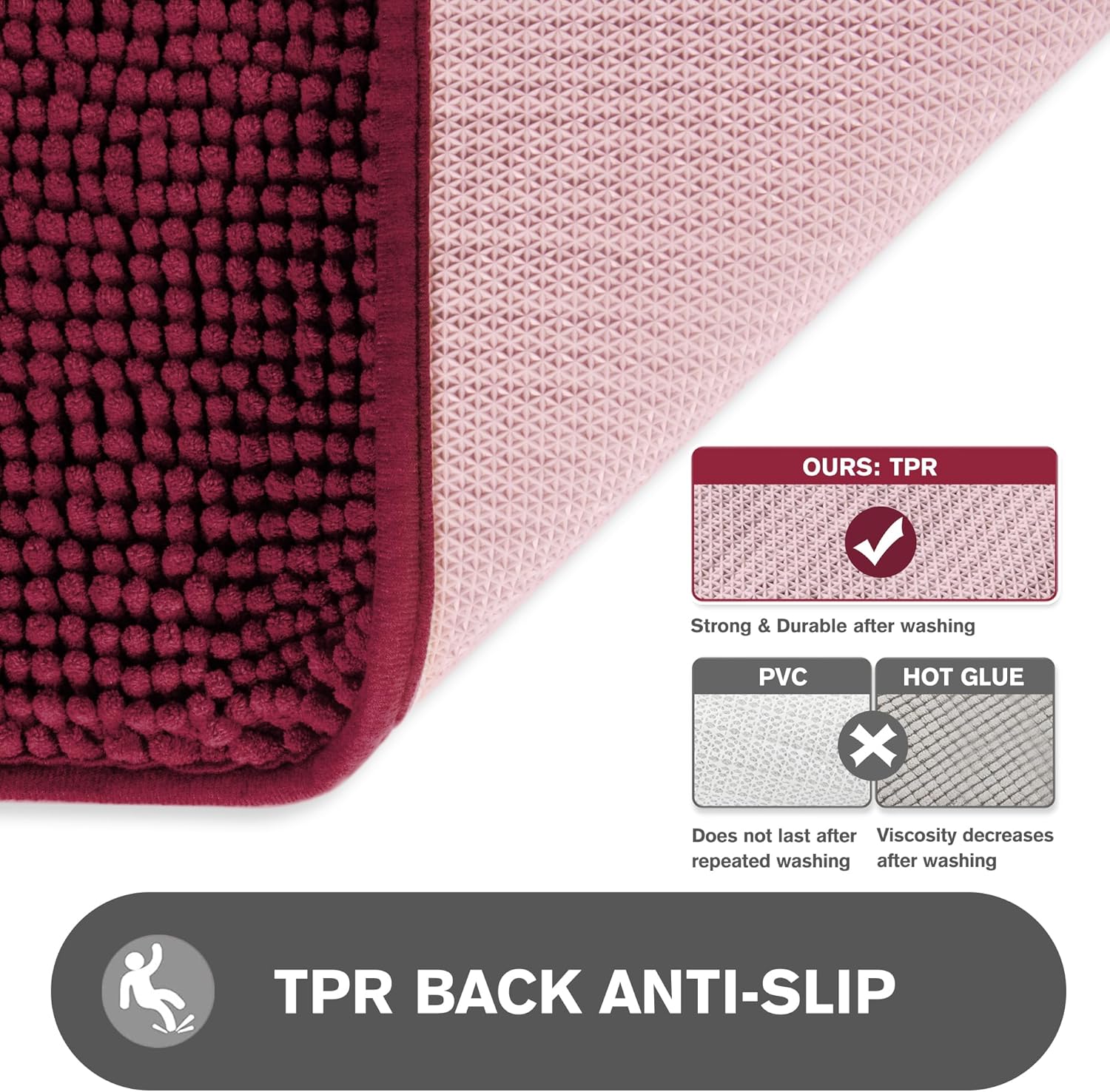 PureSwan 12x12 Small Bathroom Rug Thick Soft Chenille Non Slip Washable Absorbent Burgundy