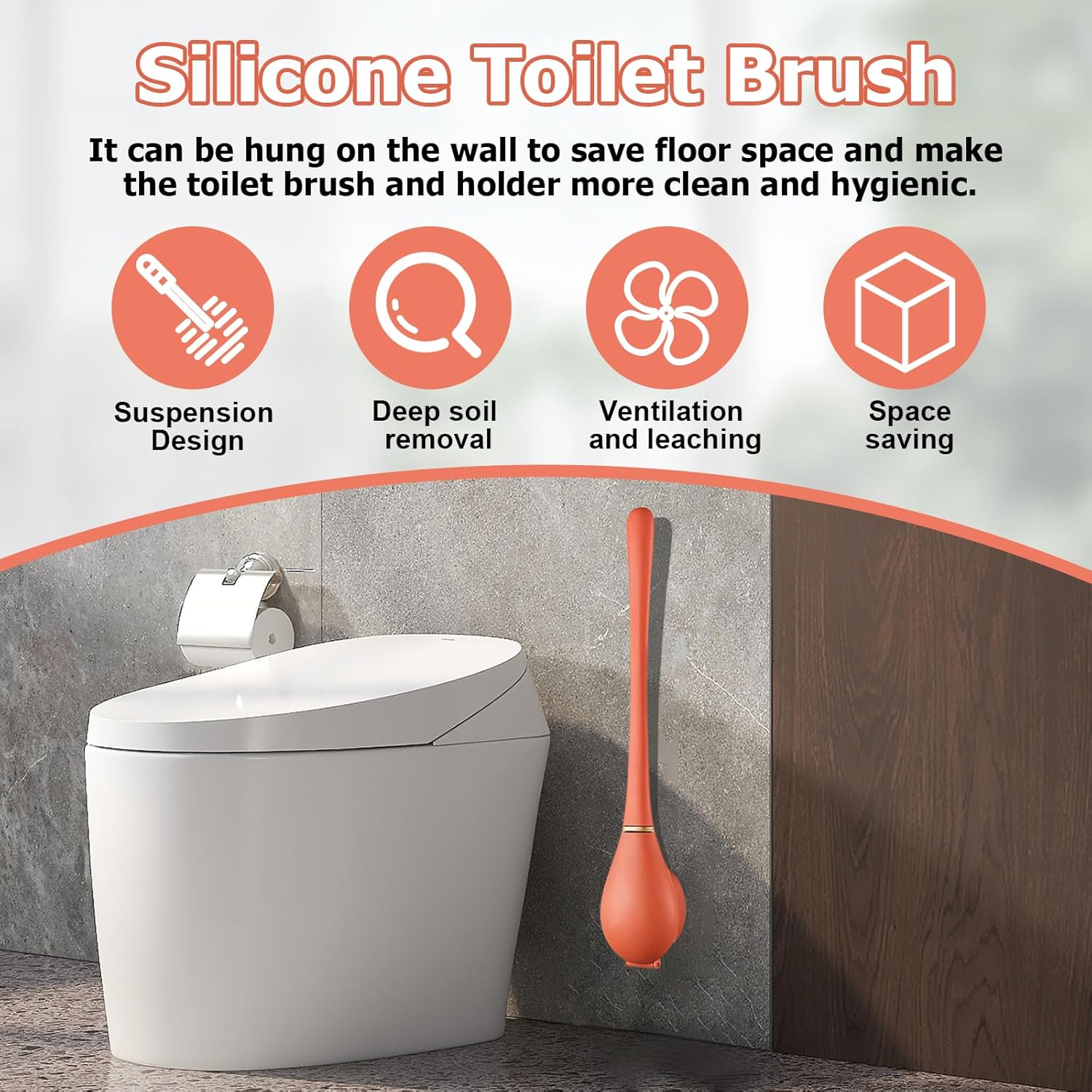 Modern Flexible Silicone Toilet Brush and Holder Set Orange