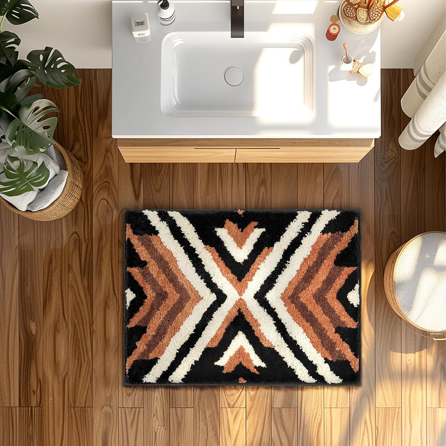 Tyrot Black Boho Bath Rug 24x36 Brown Non Slip