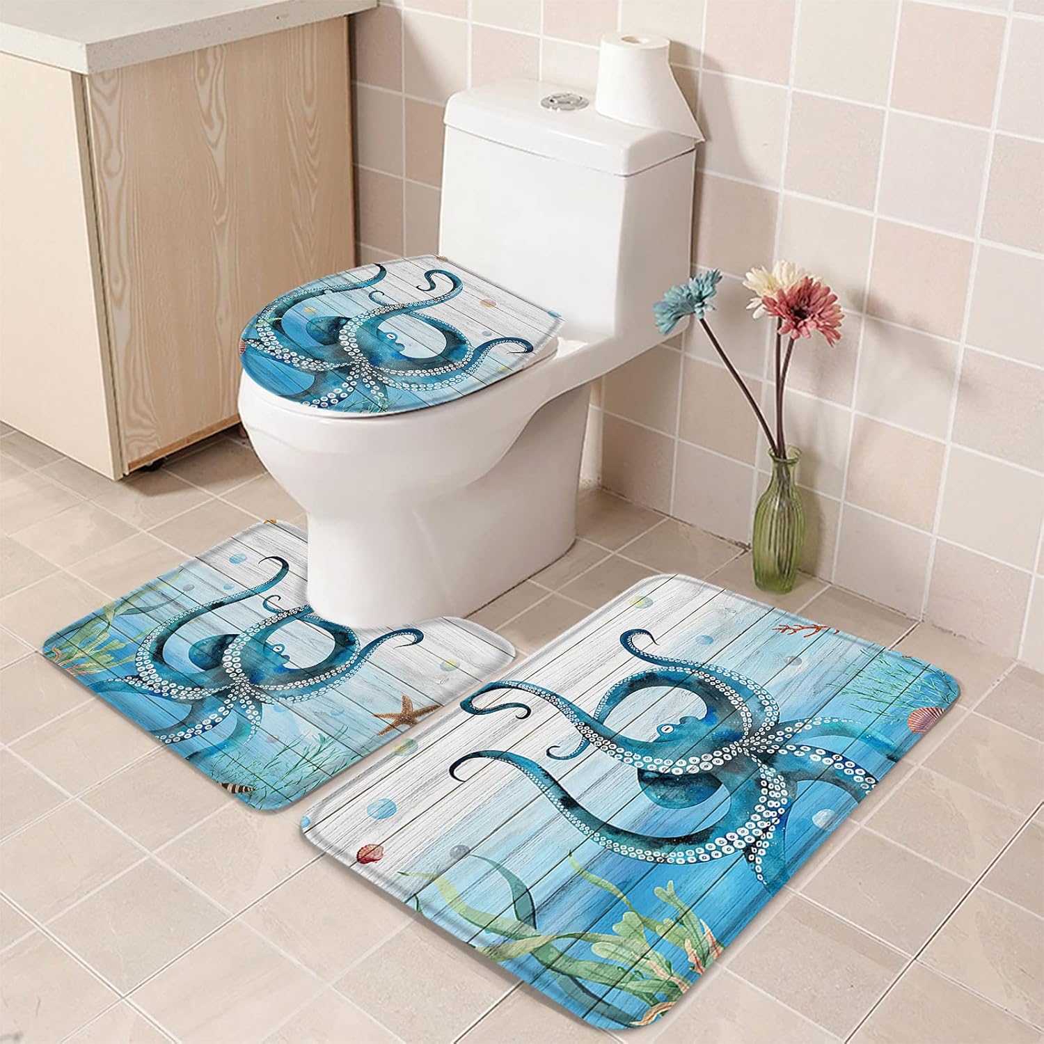 YESOF66 3 Piece Bathroom Rug Set with Non-Slip Backing