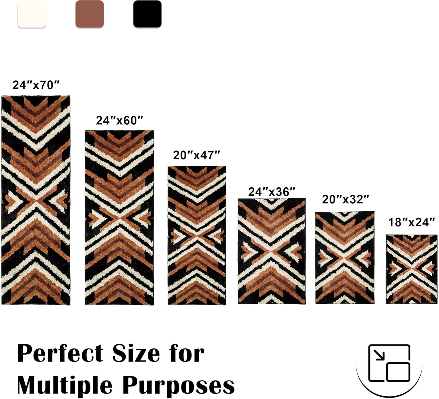 Tyrot Black Boho Bath Rug 24x36 Brown Non Slip