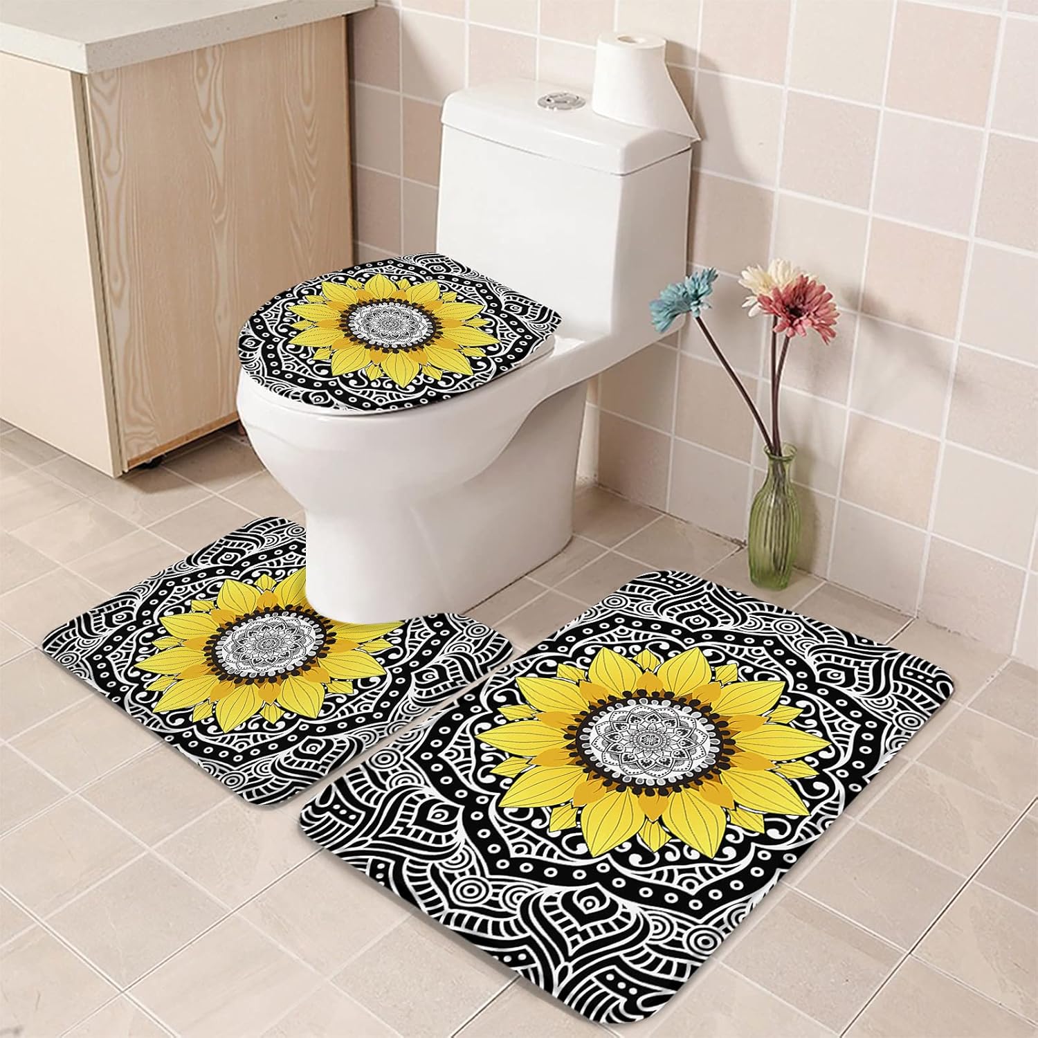 YESOF66 3 Piece Bathroom Rugs Set with Mandala Sunflower Pattern Black Non-Slip Mats