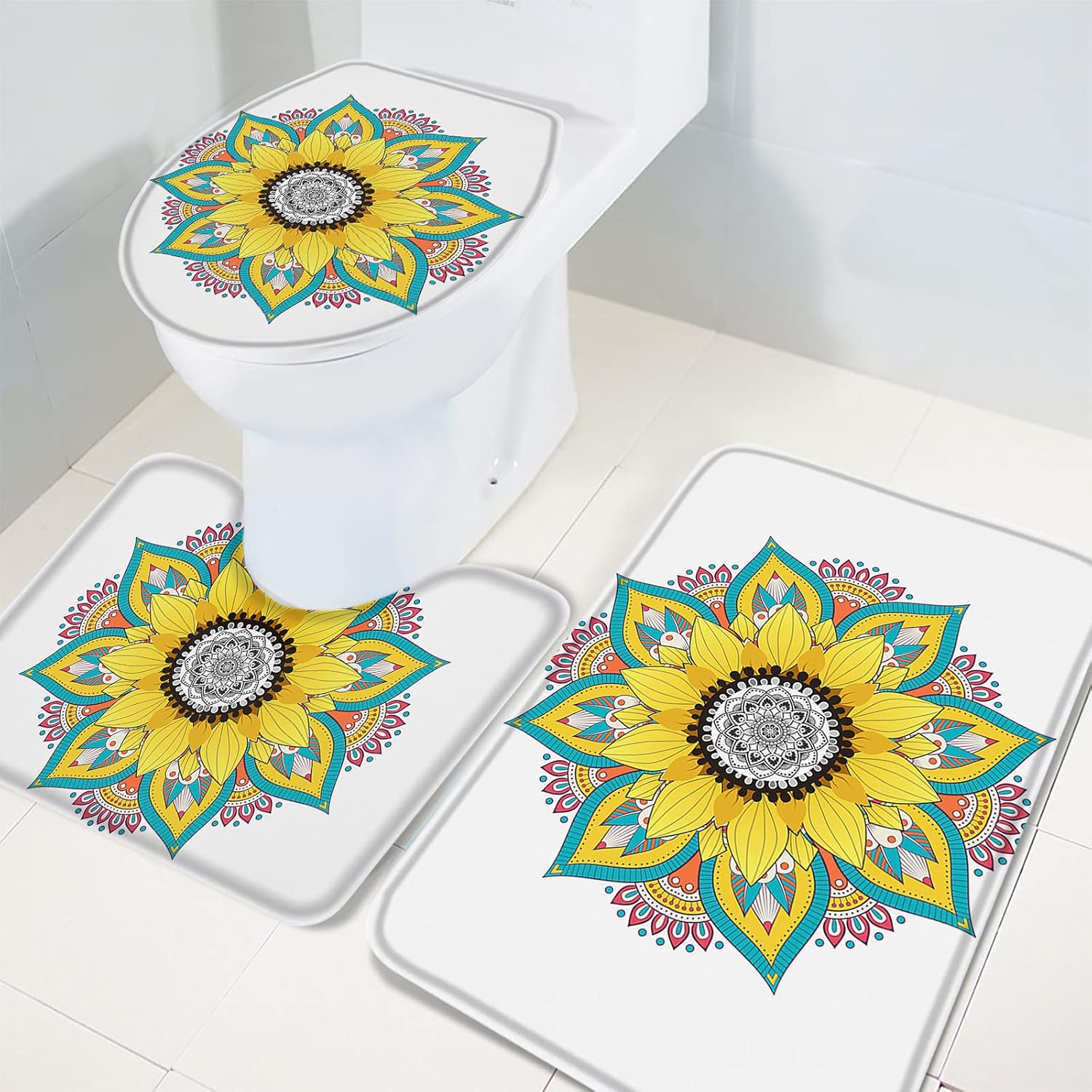 YESOF66 3 Piece Bathroom Rugs Set with Non-Slip Mandala Sunflower Pattern