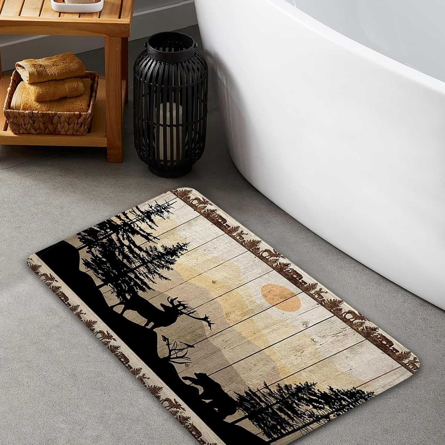 NYMB Rustic Cabin Bath Rug Set 19x31in Deer Bear Forest Print