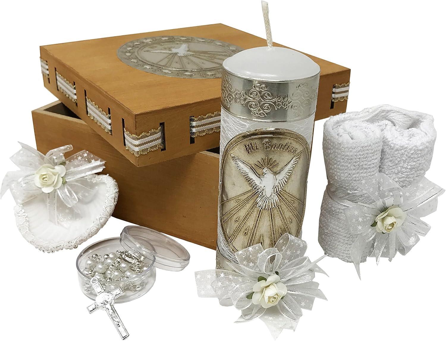 Arcangeles Mexicanos Baptism Candle Set with Wooden Box and Towel