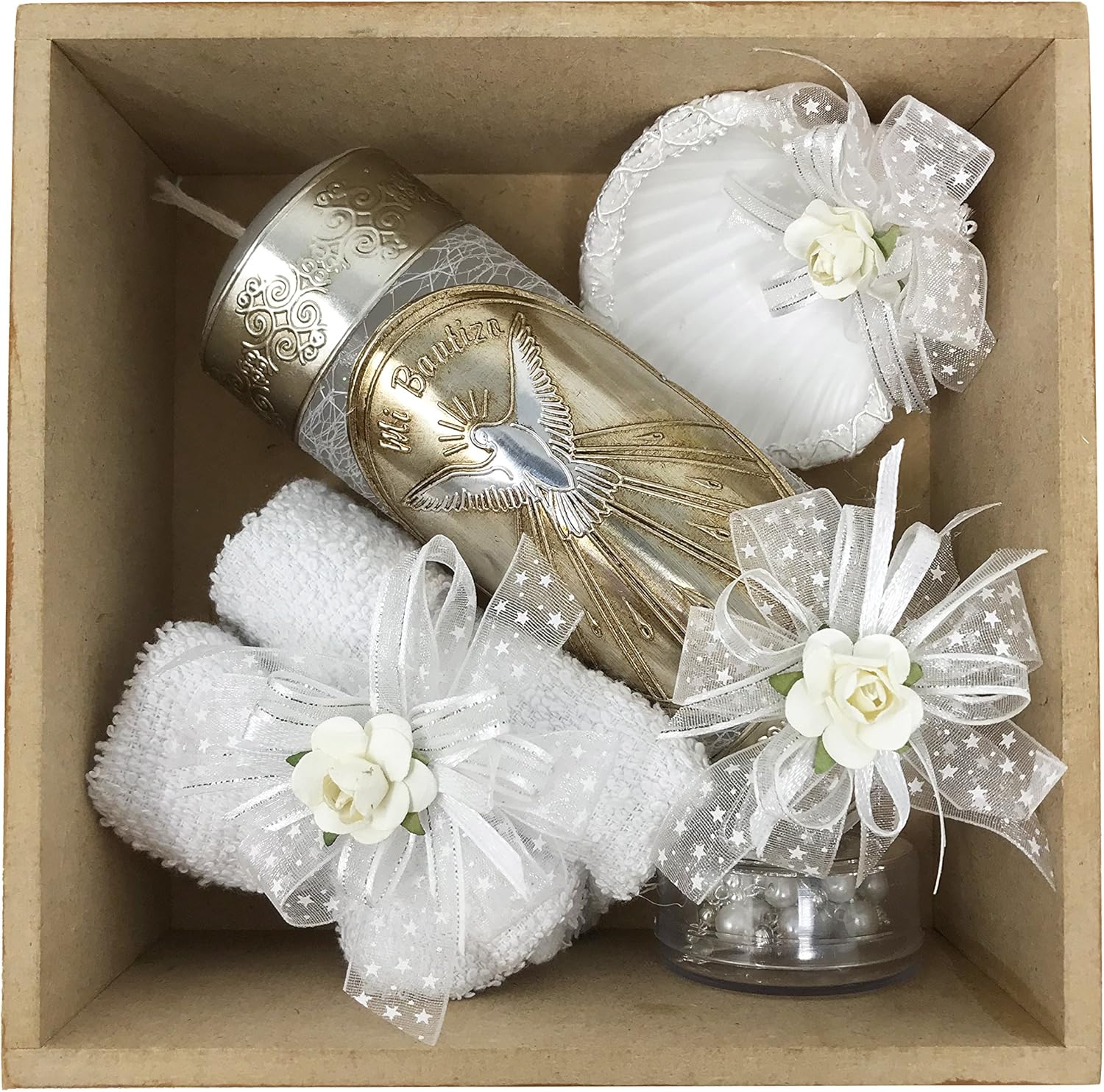 Arcangeles Mexicanos Baptism Candle Set with Wooden Box and Towel